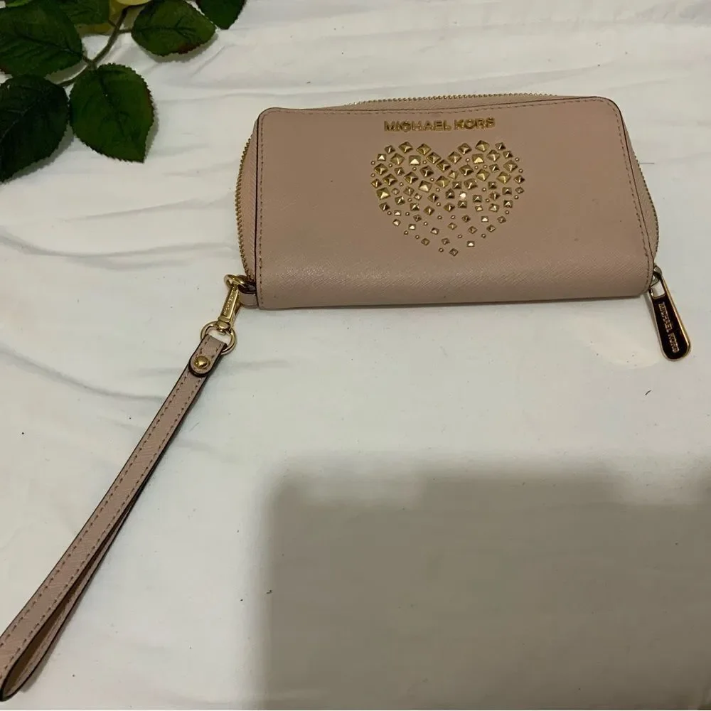 Michael Kors  Pink Studded heart  Design Zip Around Leather Wallet